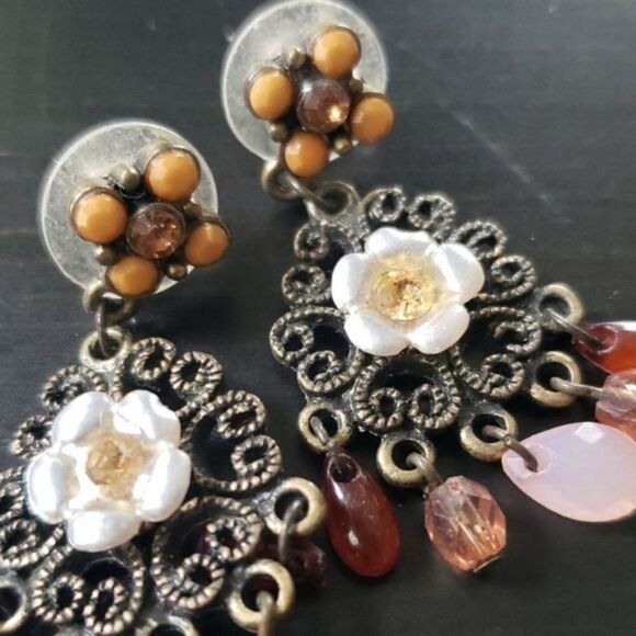 Boho Bronze Beaded Flower Drop Dangle Earrings - Picture 2 of 6